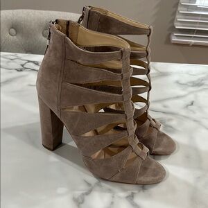 Elegant Taupe Strappy Heeled Sandals